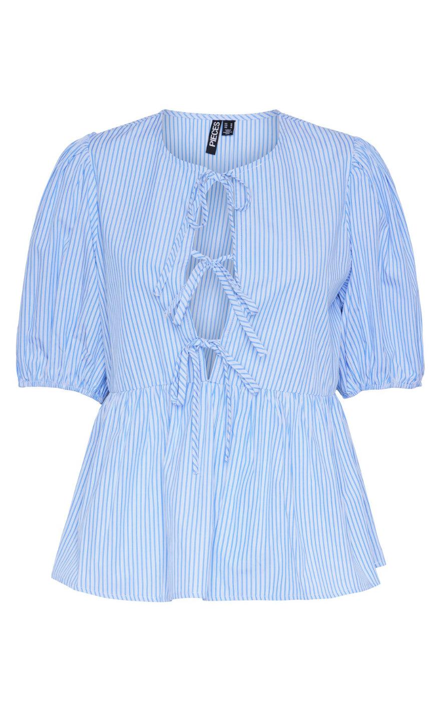 PIECES Top - Holly Tie - Cornflower Blue/White