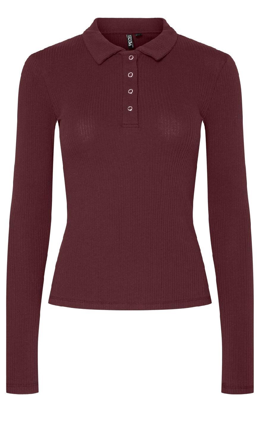 Pieces Bluse - Kitte LS Polo - Tawny Port