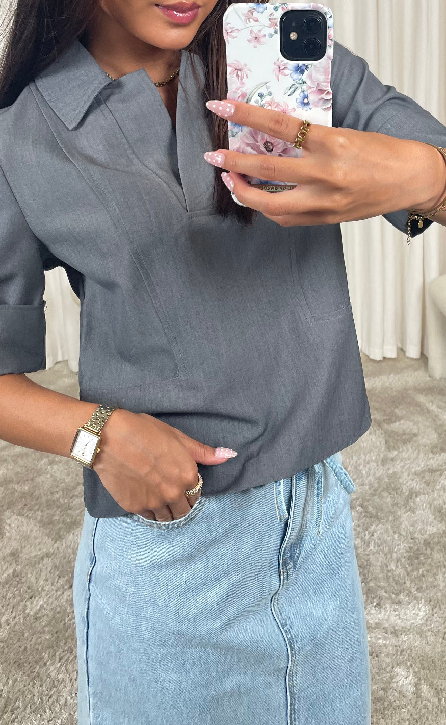 Pieces Top - Frida - Medium Grey Melange