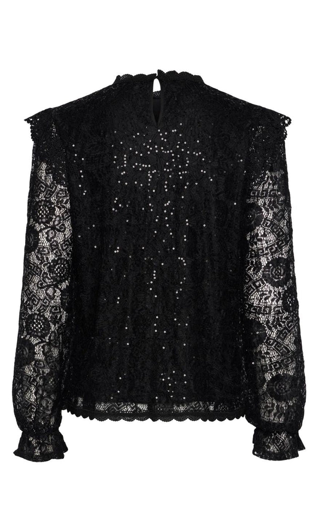 Pieces Top - Olline LS Lace Sequins - Black