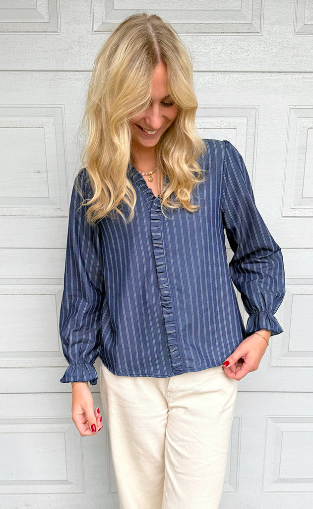 Say INA Copenhagen Bluse - Catja - Dark Denim Blue W. Pinstripe