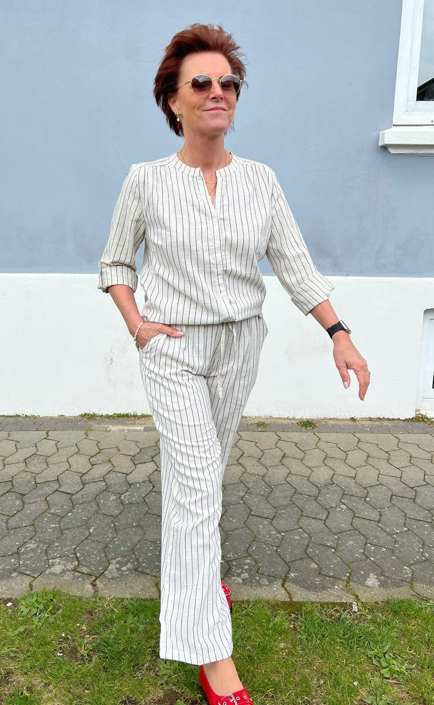Say INA Copenhagen Bukser - Juliana Linen - Off White / Black Striped