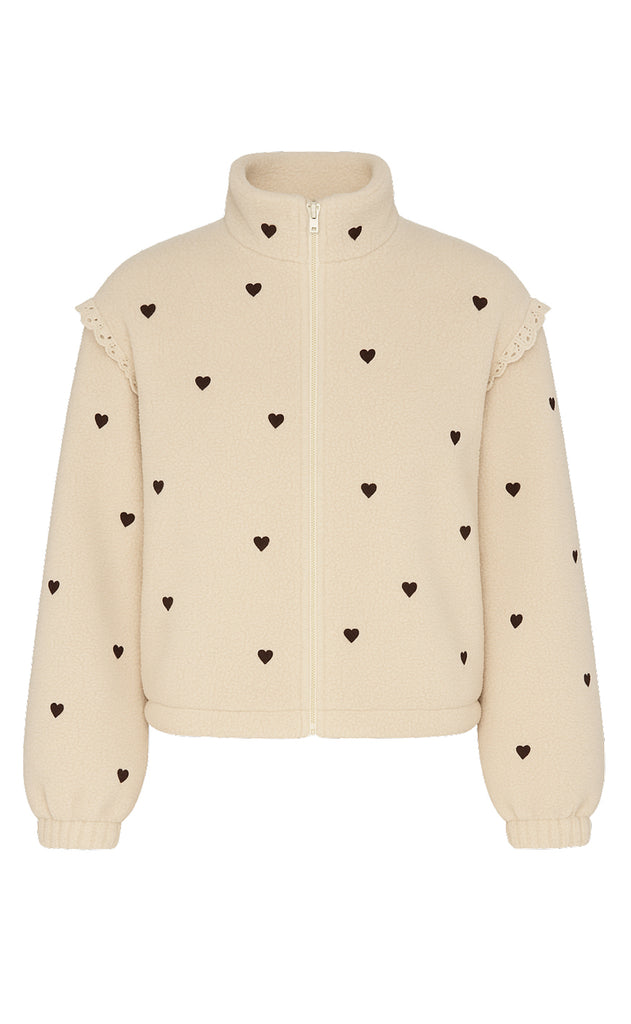 Say INA Copenhagen Fleece Jakke - Fia - Beige W. Brown Embroidery Hearts