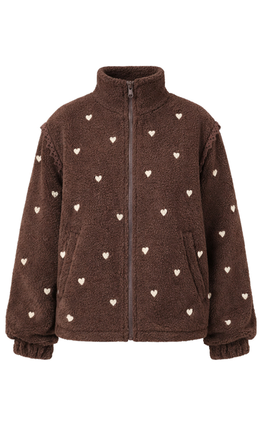 Say INA Copenhagen Fleece Jakke - Fia - Dark Brown W. Beige Embroidery Hearts