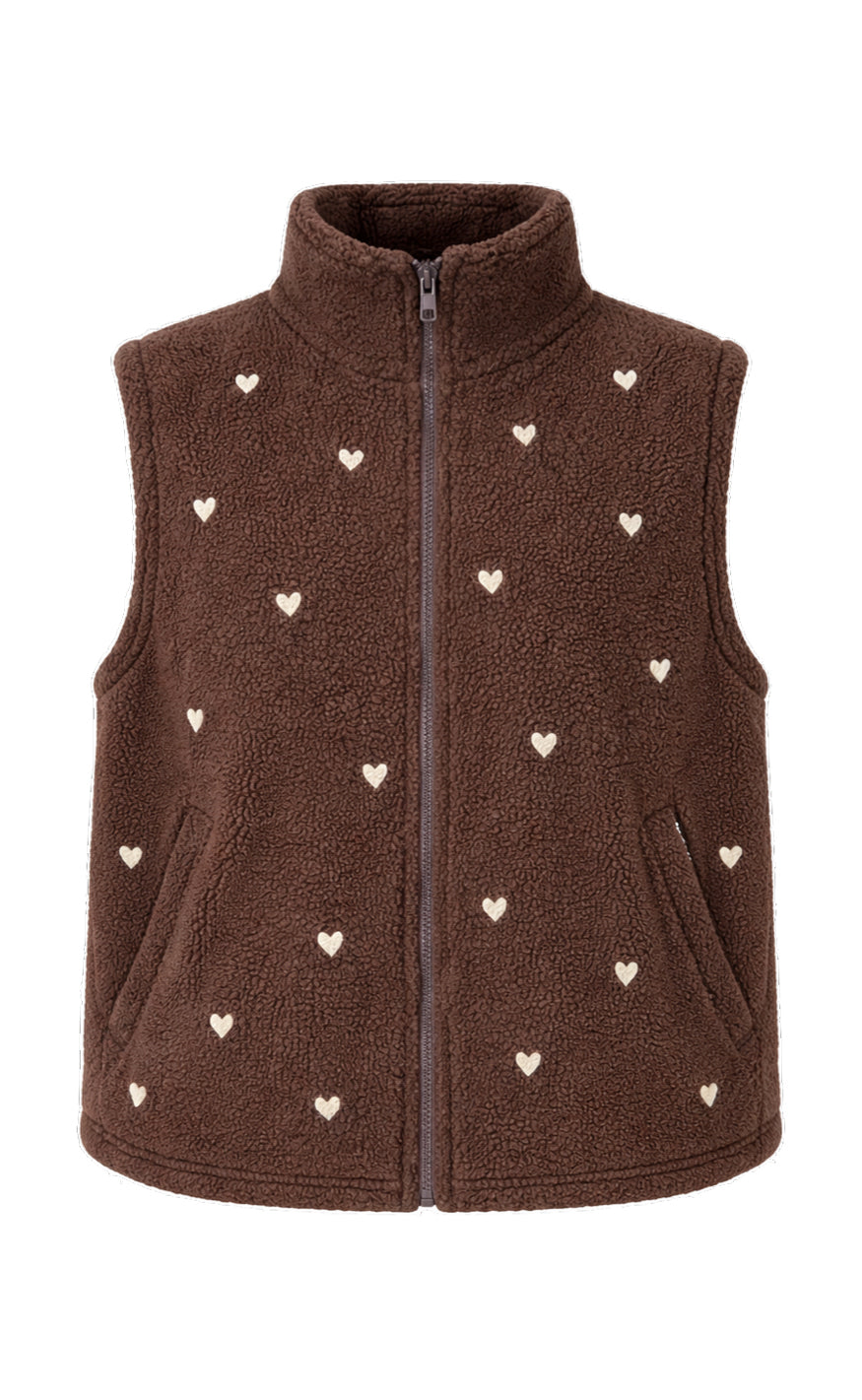 Say INA Copenhagen Fleece Vest - Fia - Dark Brown W. Beige Embroidery Hearts
