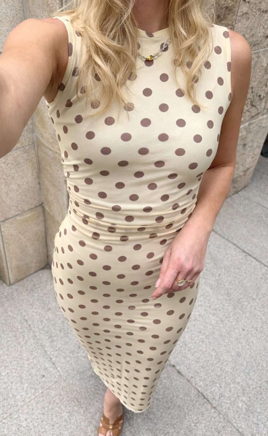 Say INA Copenhagen Kjole - Anna Mesh - Beige W. Brown Dots