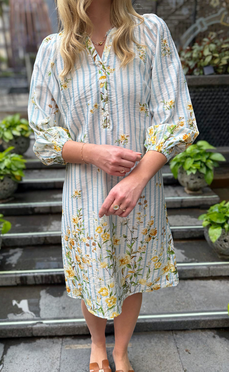 Say INA Copenhagen Kjole - Carly - Blue Striped W. Flowers