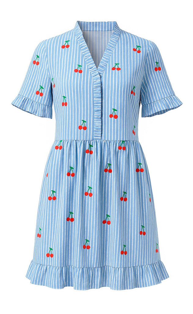 Say INA Copenhagen Kjole - Catja Summer - Blue Striped W. Cherries