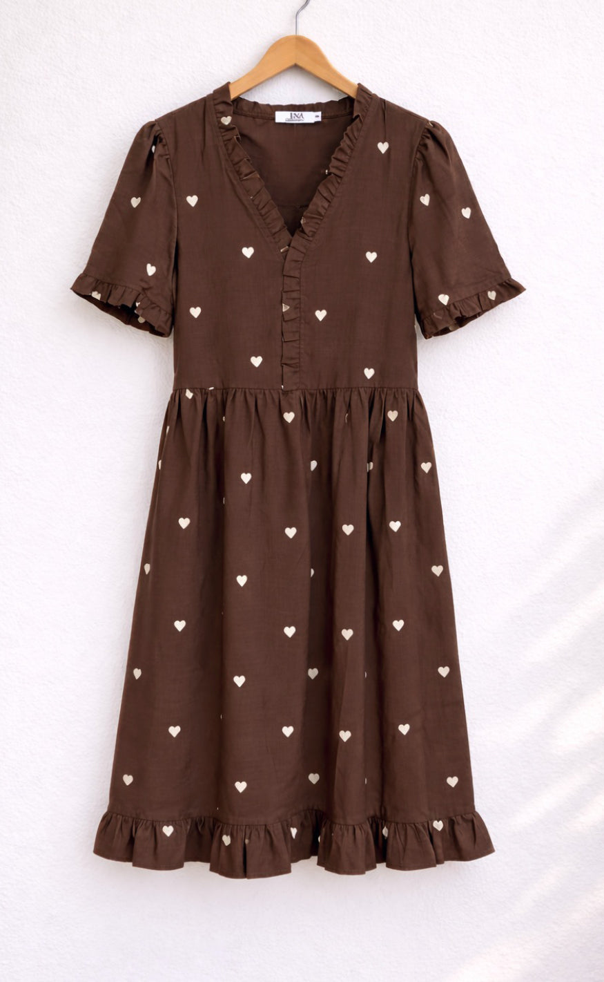 Say INA Copenhagen Kjole - Catja Summer Long - Dark Brown W. Off White Embroidery Hearts