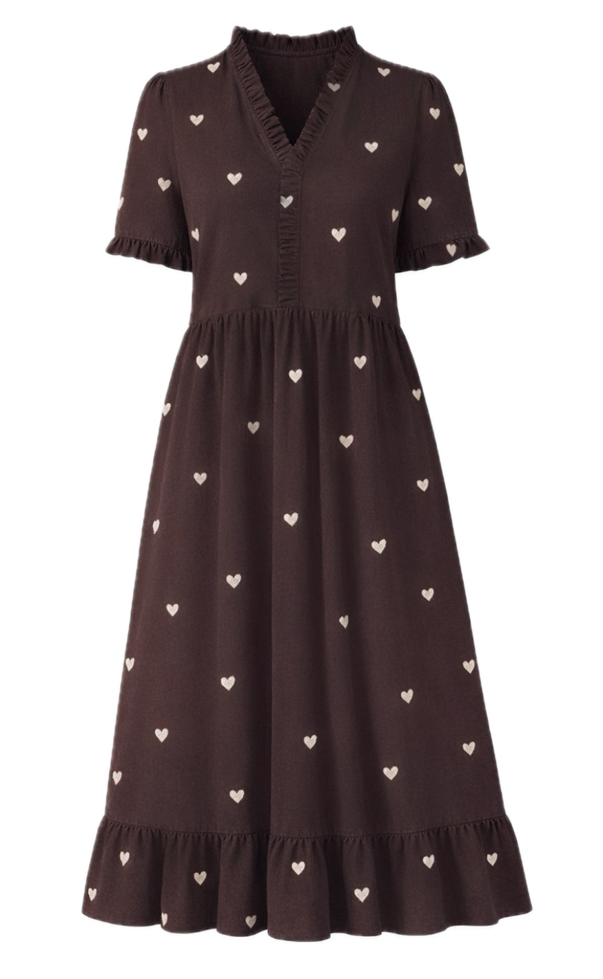 Say INA Copenhagen Kjole - Catja Summer Long - Dark Brown W. Off White Embroidery Hearts
