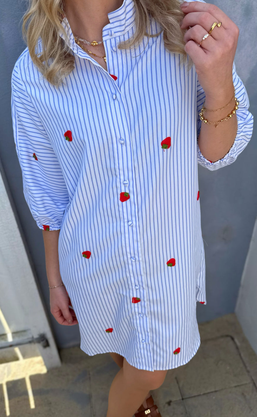 Say INA Copenhagen Kjole - Selma - Blue Striped W. Strawberries