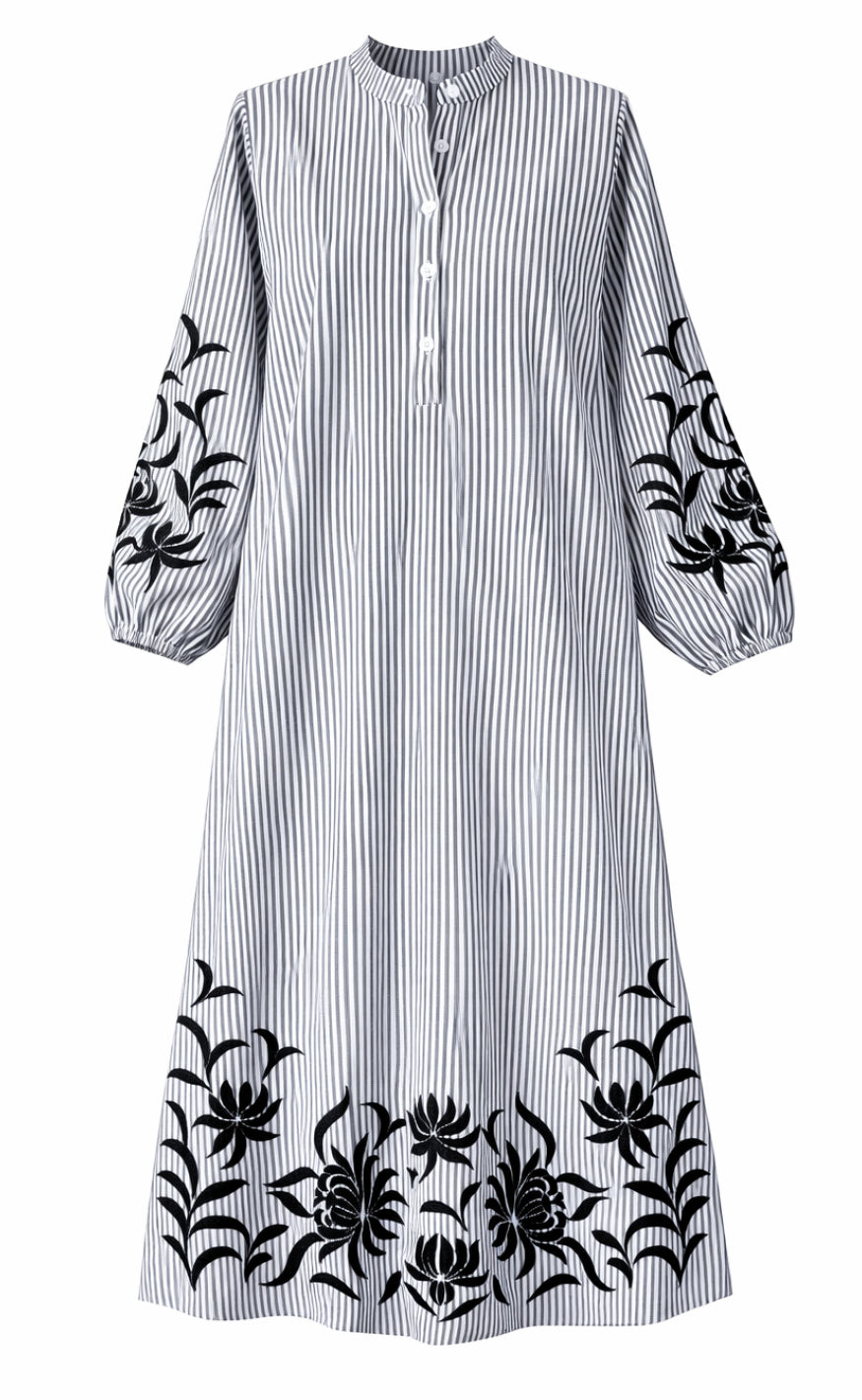 Say INA Copenhagen Kjole - Tilde Long - Black Striped W. Embroidery