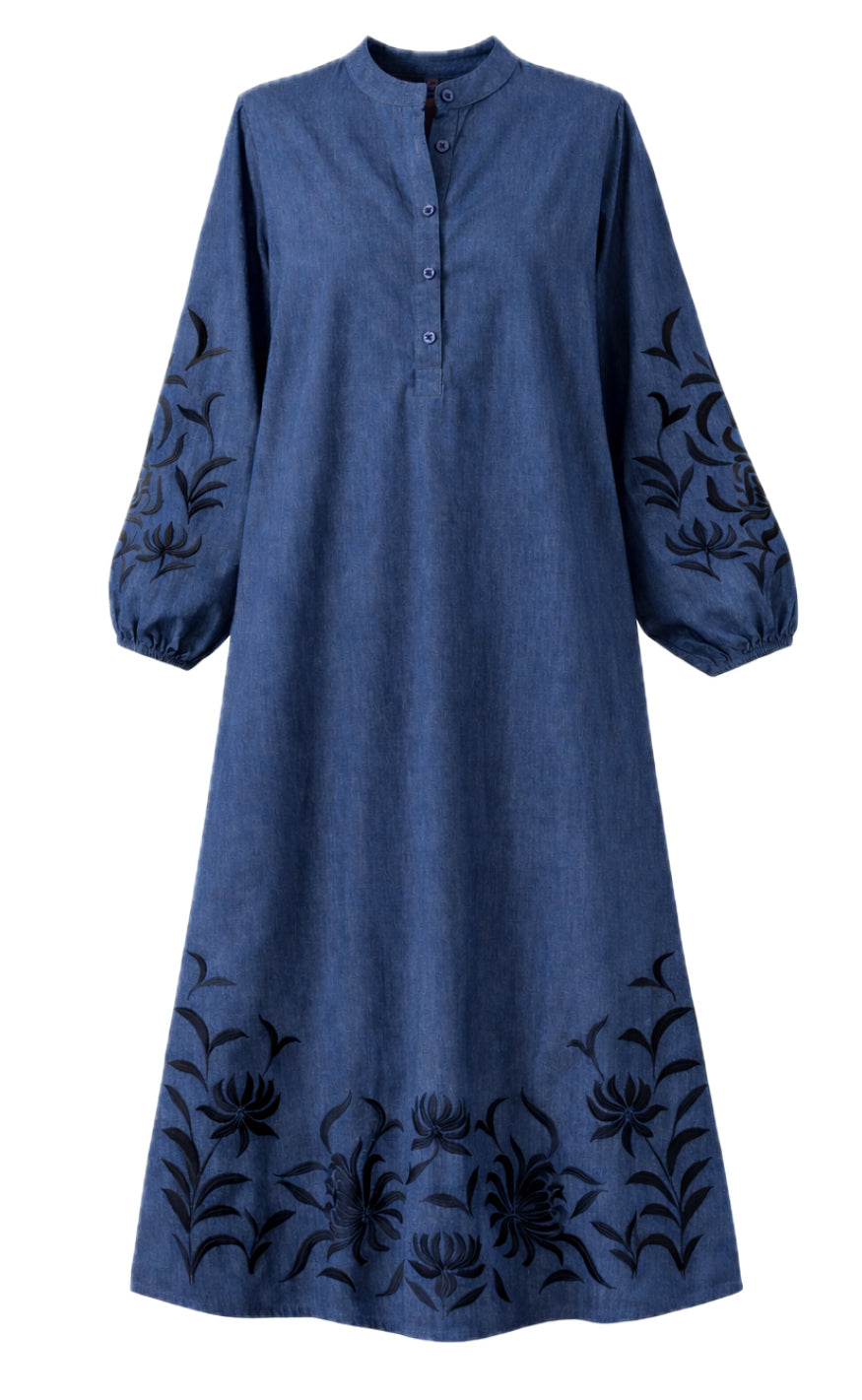 Say INA Copenhagen Kjole - Tilde Long - Denim Blue W. Embroidery