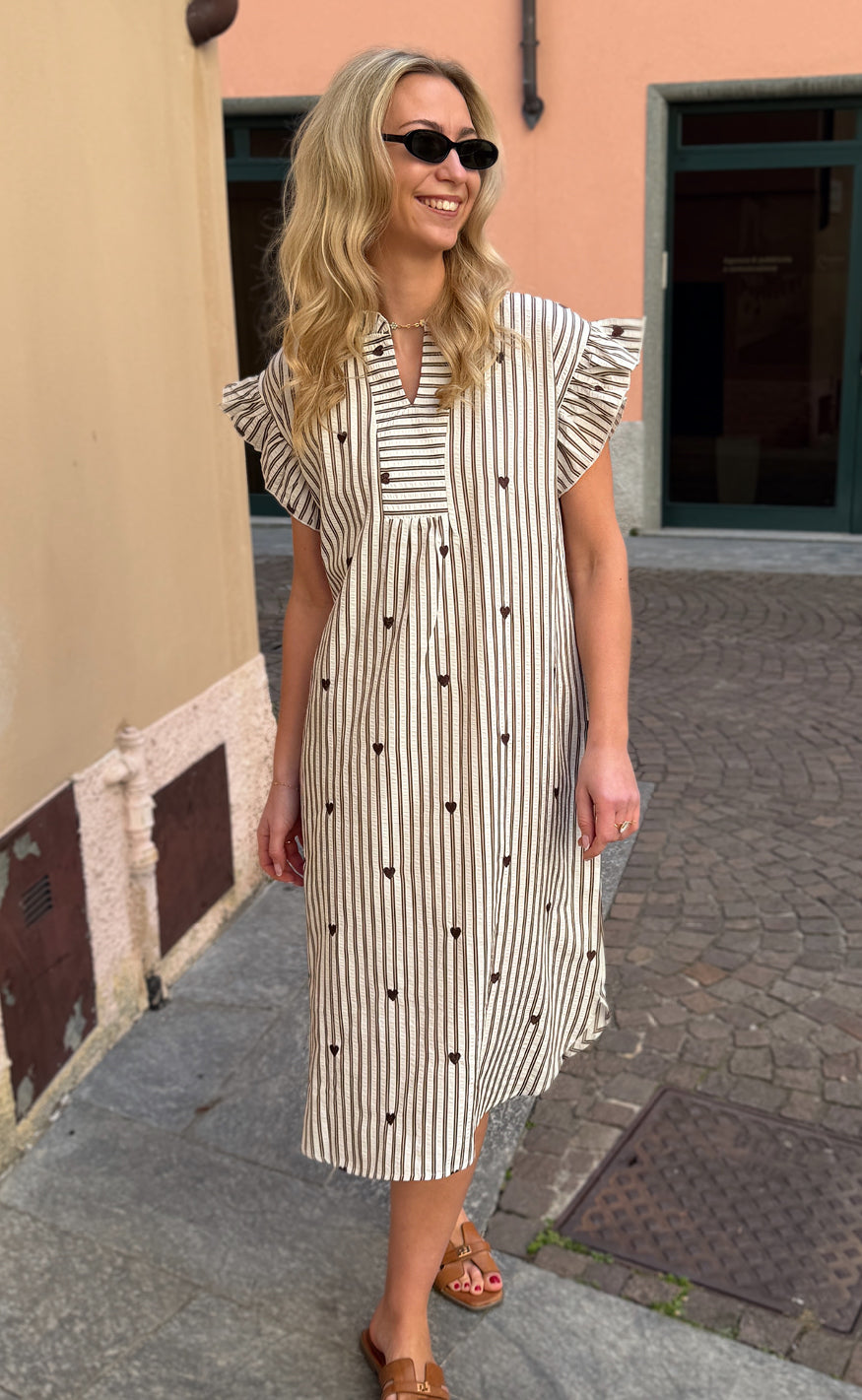 Say INA Copenhagen Kjole - Winnie - White / Brown Striped W. Brown Hearts