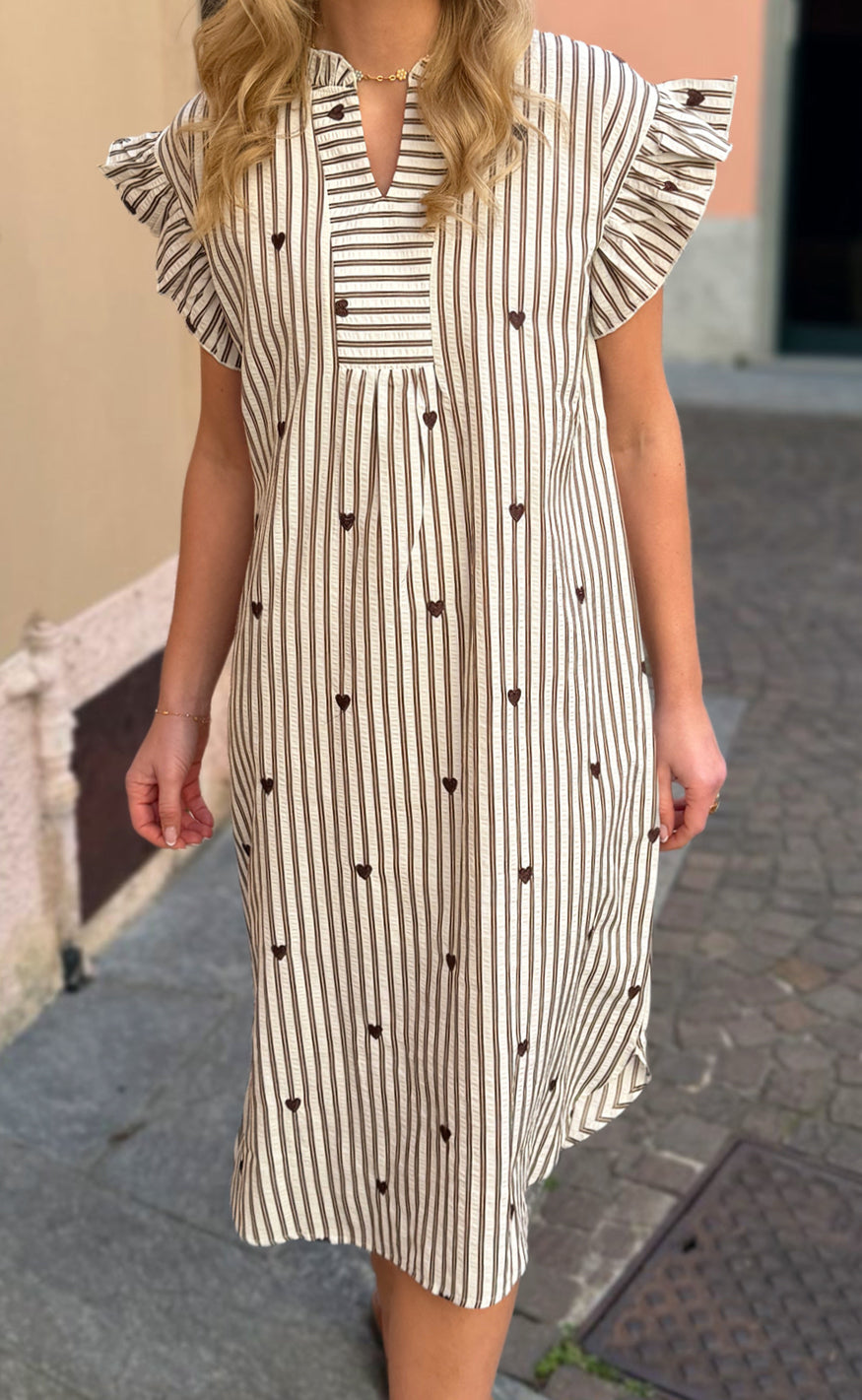 Say INA Copenhagen Kjole - Winnie - White / Brown Striped W. Brown Hearts