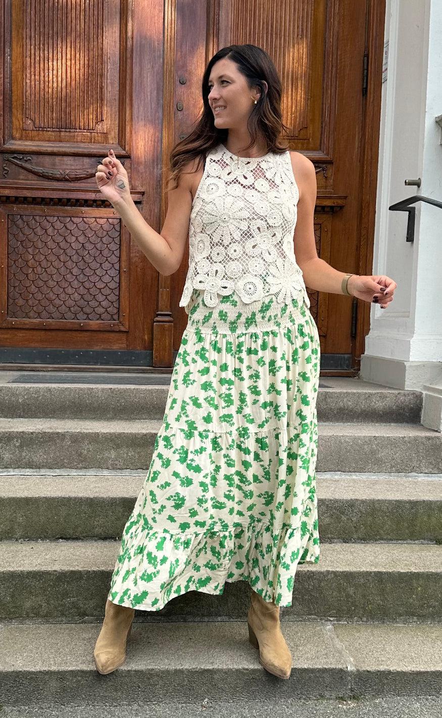 Say INA Copenhagen Nederdel - Nikoline - White/Green Flowers