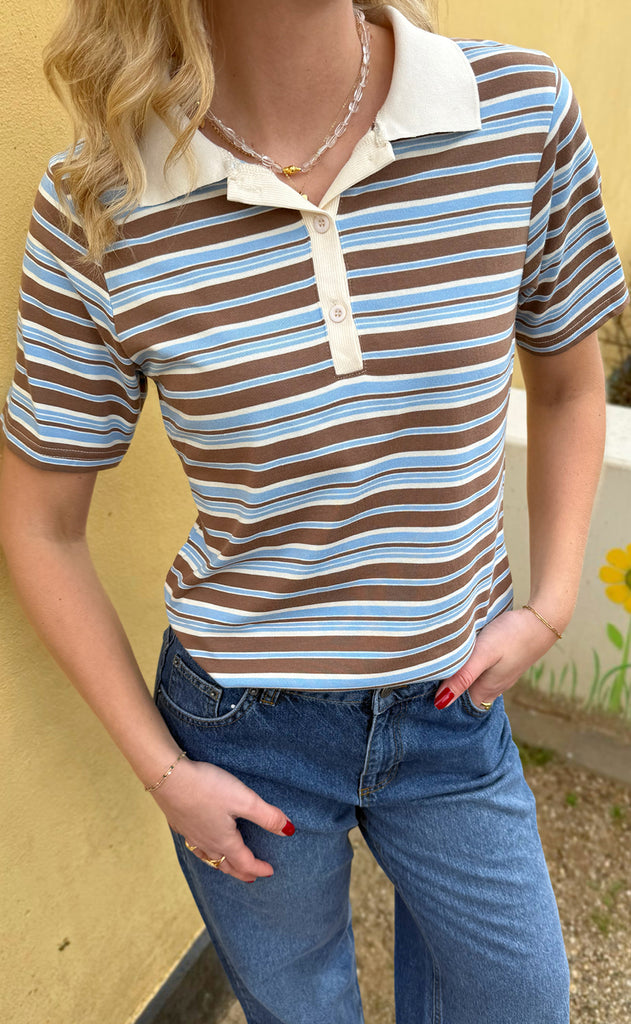 Say INA Copenhagen Polo T-Shirt - Pamela Summer - Brown / Blue Striped