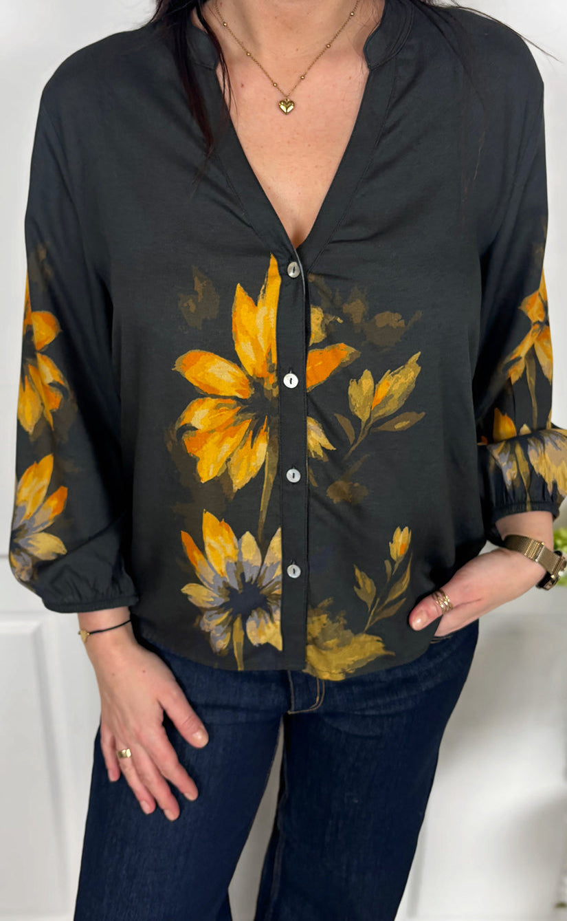 Say INA Copenhagen Skjorte - Joelle - Black W. Big Flowers