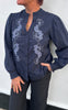 Say INA Copenhagen Skjorte - Pauline - Navy Blue W. Flower Embroidery