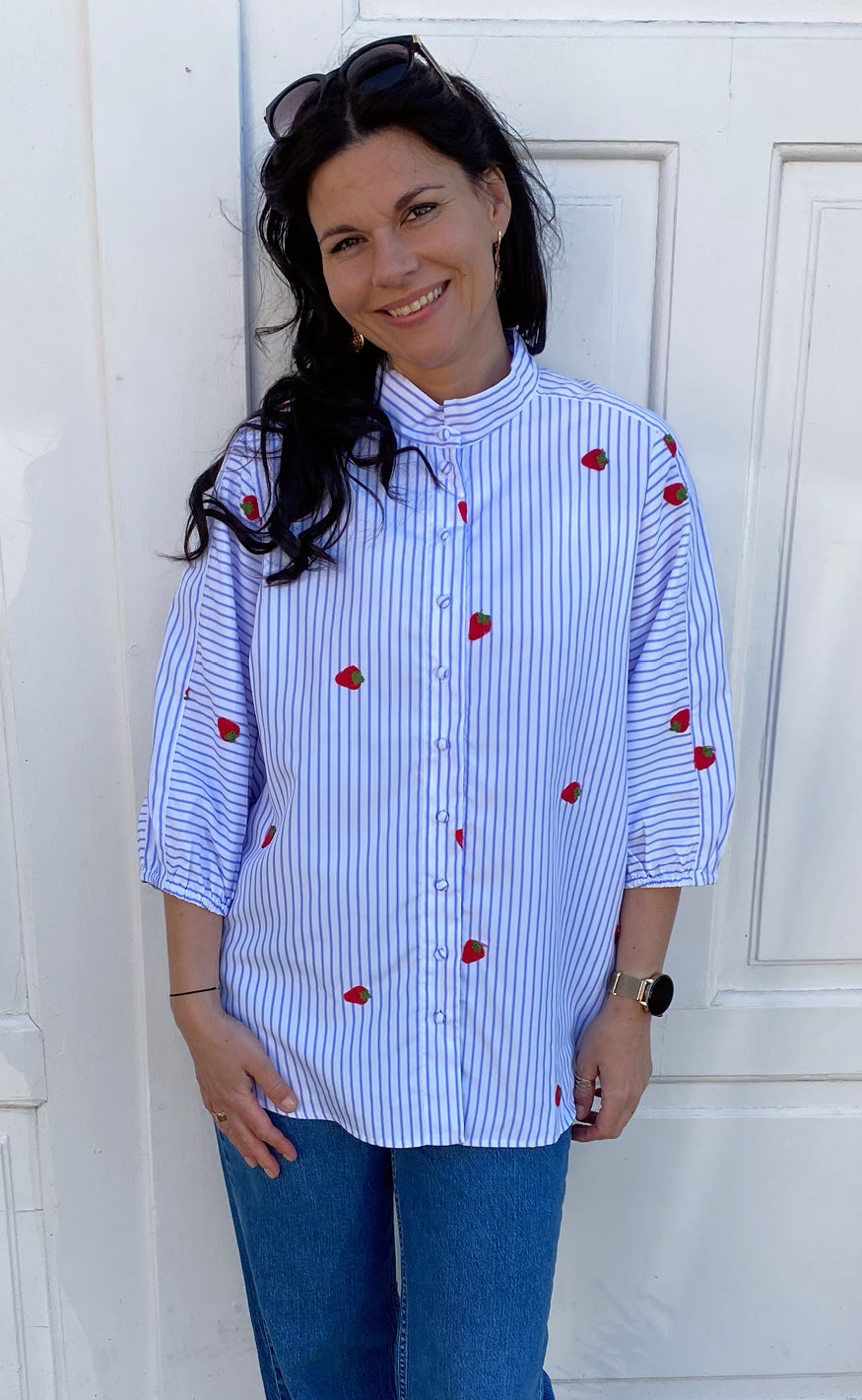 Say INA Copenhagen Skjorte - Selma - Blue Striped W. Strawberries