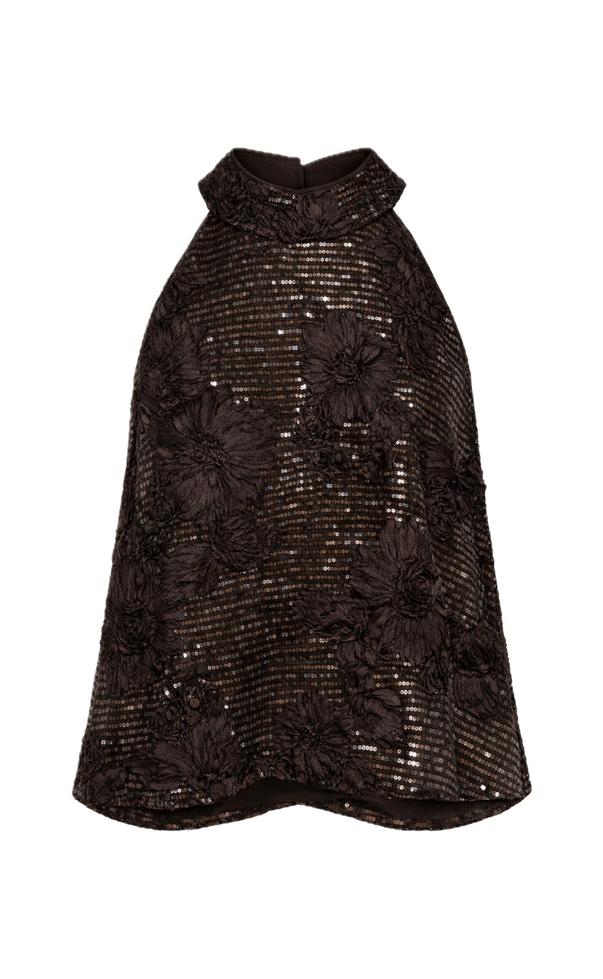 Say INA Copenhagen Top - Ava - Dark Brown Sequin W. Flowers