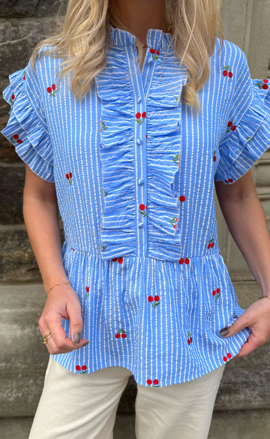 Say INA Copenhagen Top - Freya - Blue Striped W. Cherries