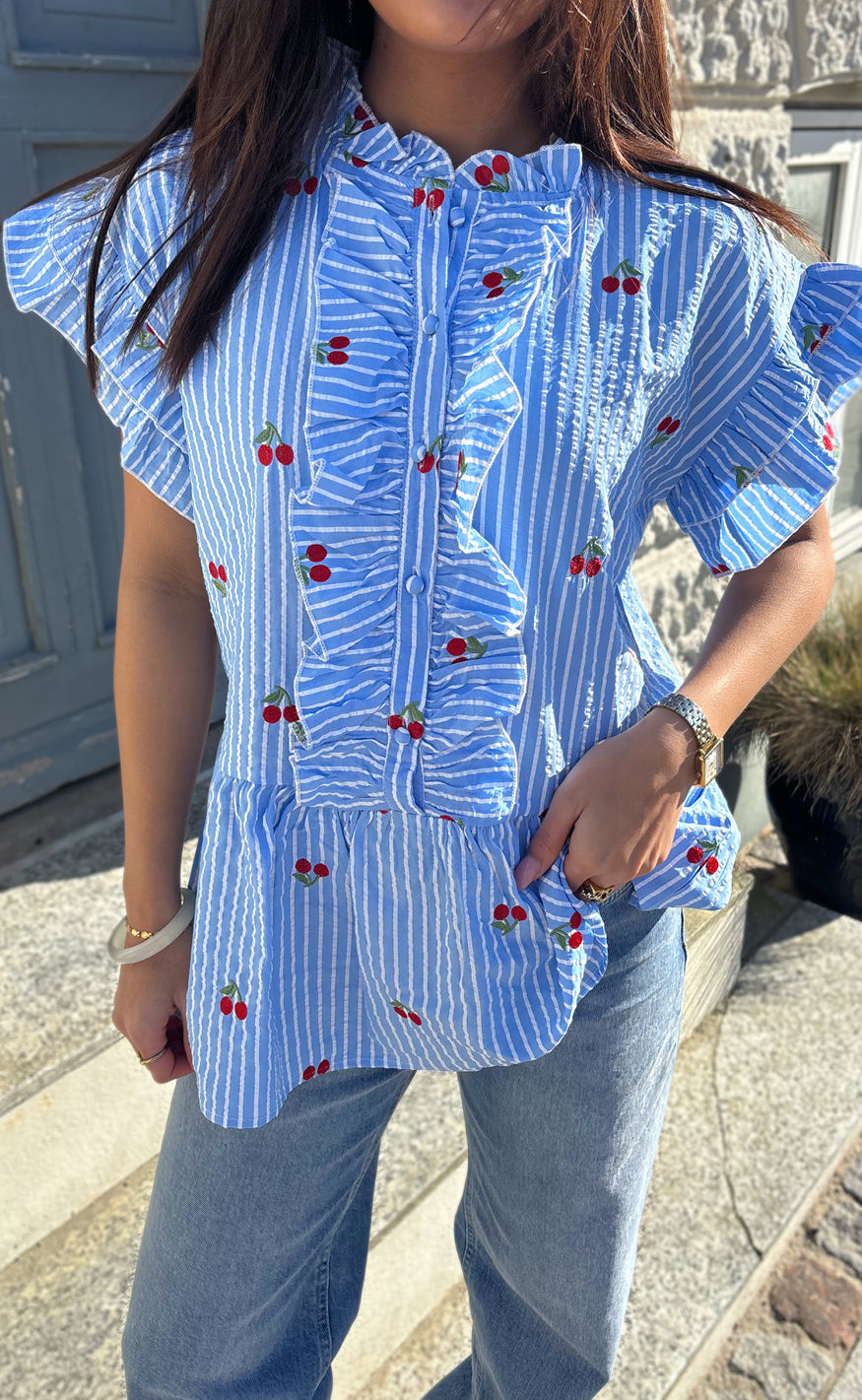 Say INA Copenhagen Top - Freya - Blue Striped W. Cherries