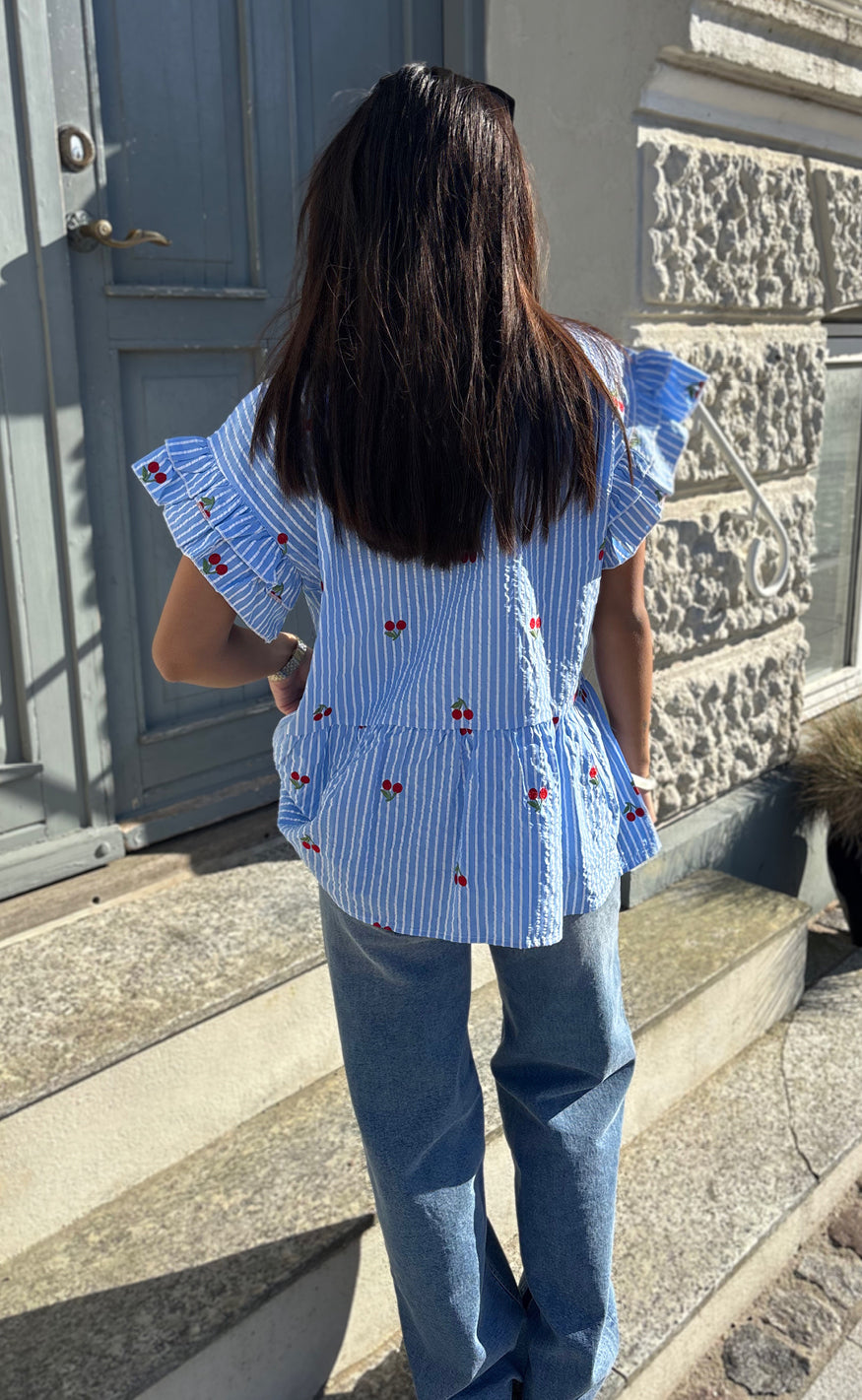 Say INA Copenhagen Top - Freya - Blue Striped W. Cherries