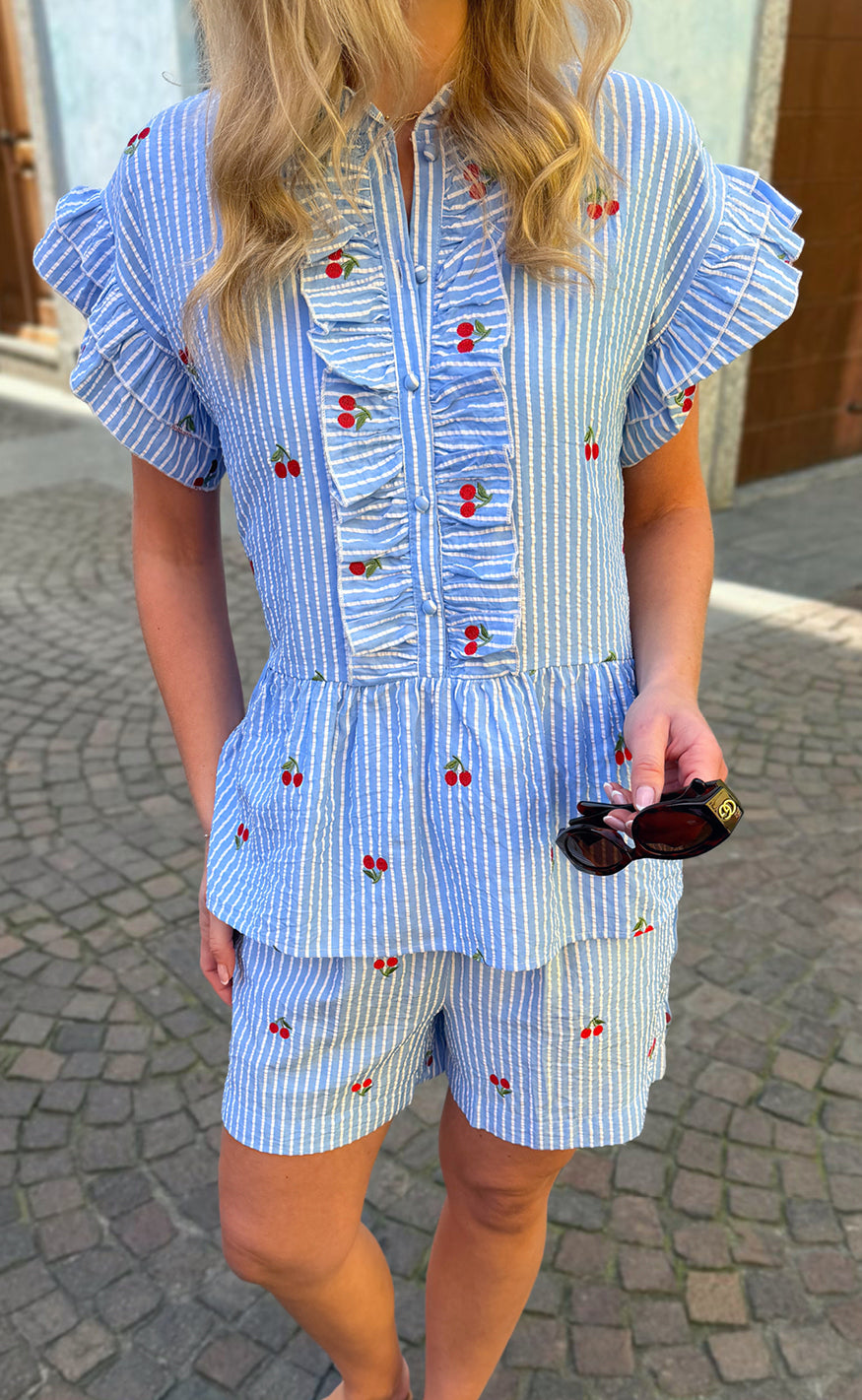Say INA Copenhagen Top - Freya - Blue Striped W. Cherries