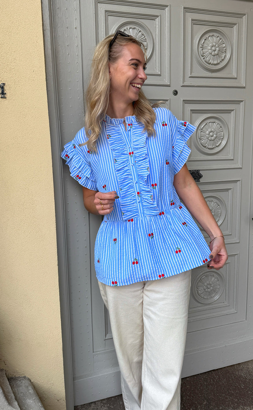 Say INA Copenhagen Top - Freya - Blue Striped W. Cherries