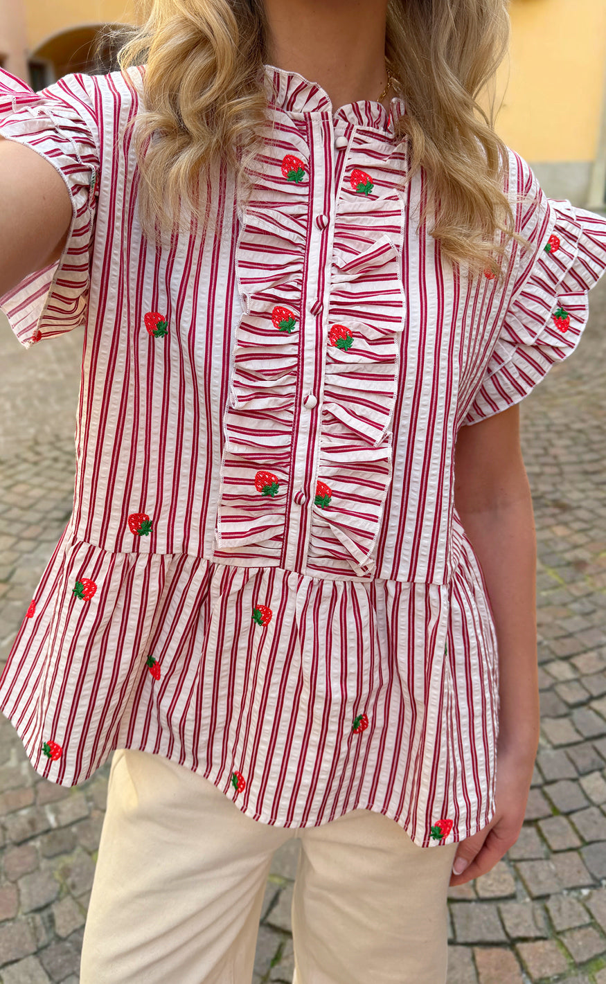 Say INA Copenhagen Top - Freya - Red Striped W. Red Strawberries