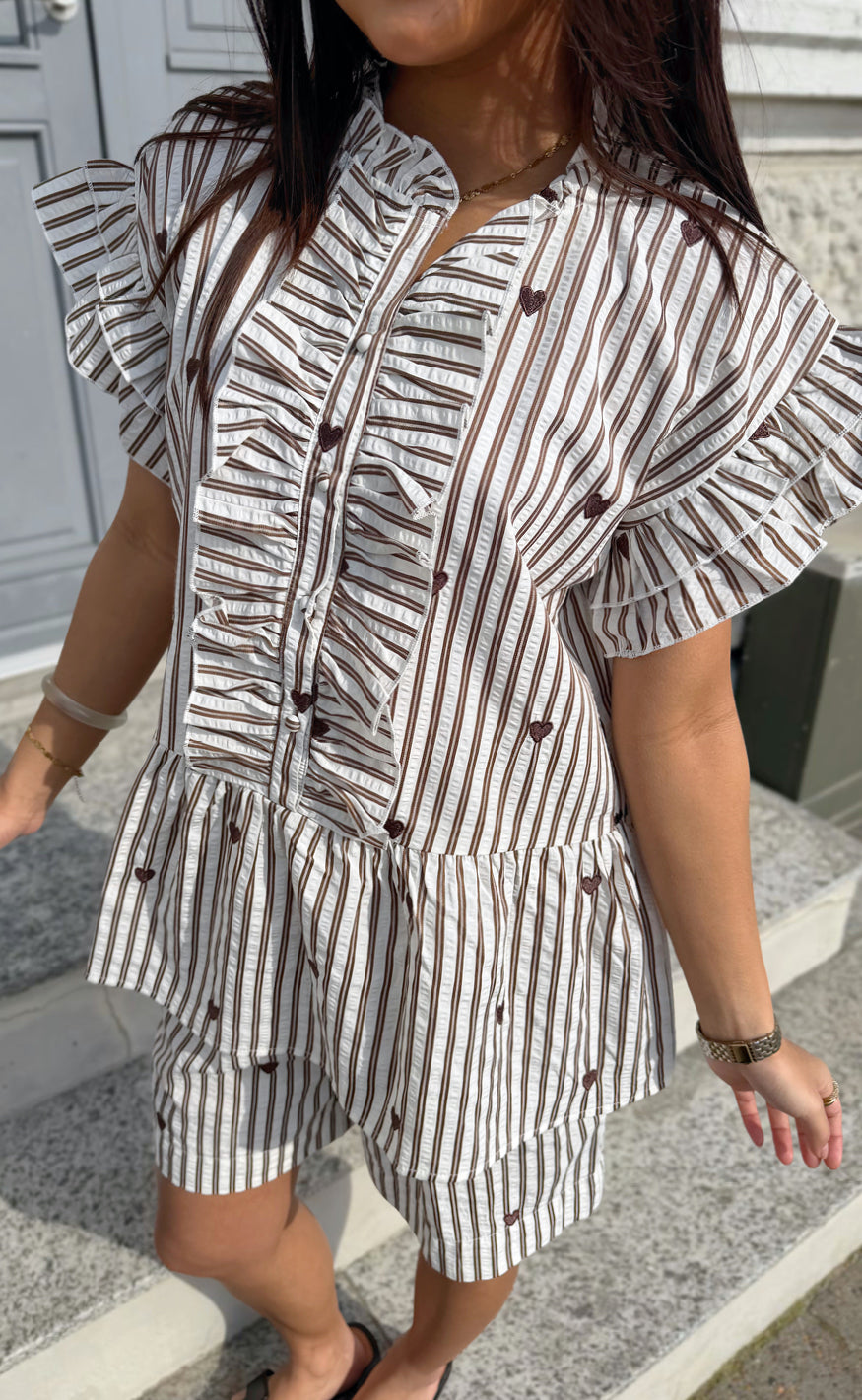 Say INA Copenhagen Top - Freya - White / Brown Striped W. Brown Hearts