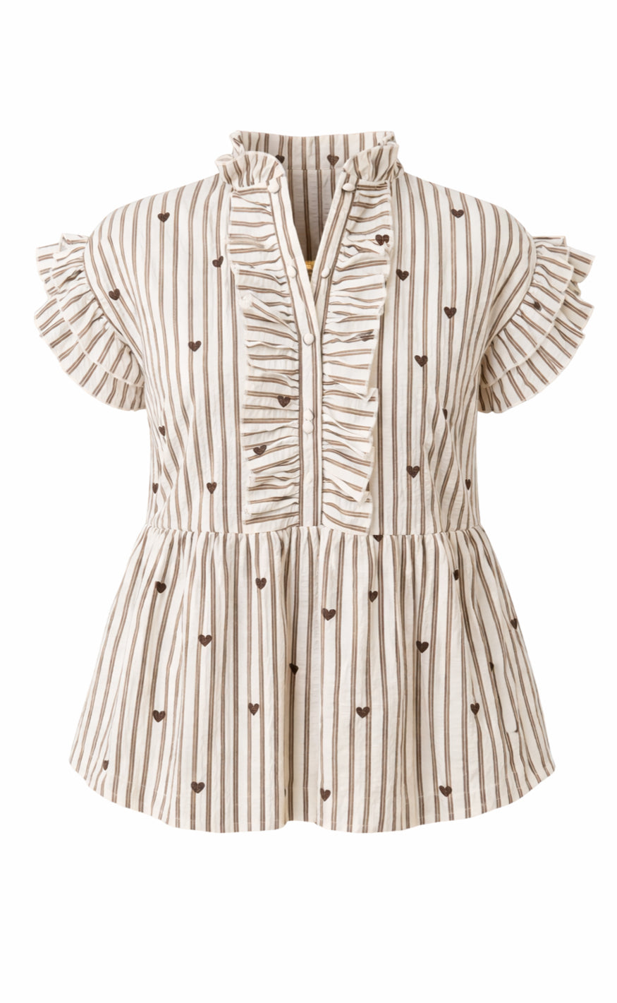 Say INA Copenhagen Top - Freya - White / Brown Striped W. Brown Hearts