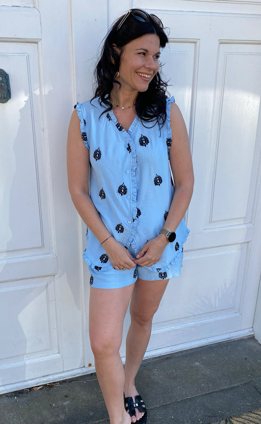 Say INA Copenhagen Top - Melania - Blue w. Black Embroidery