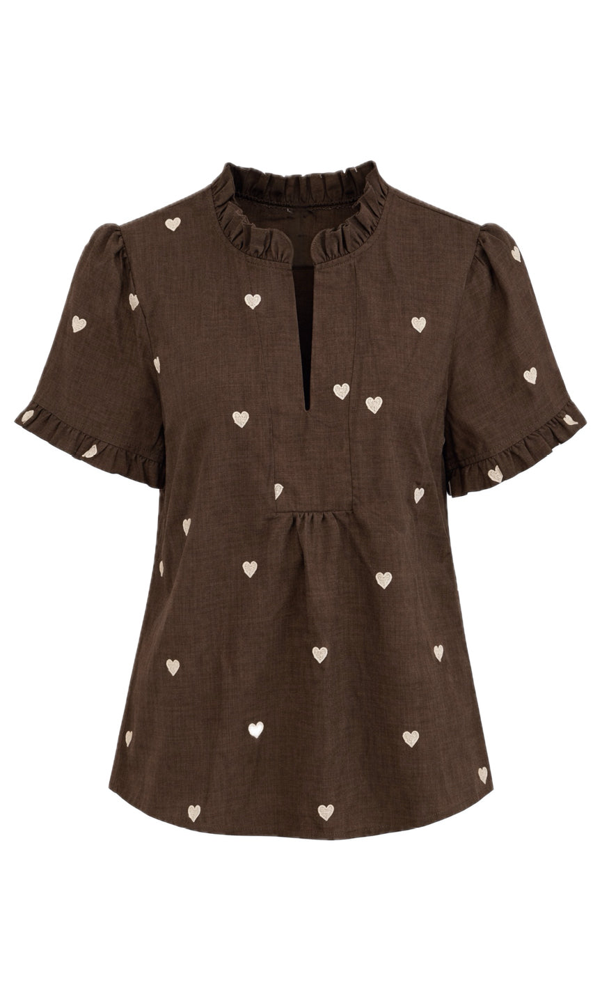 Say INA Copenhagen Top - Winnie New - Dark Brown W. Off White Embroidery Hearts