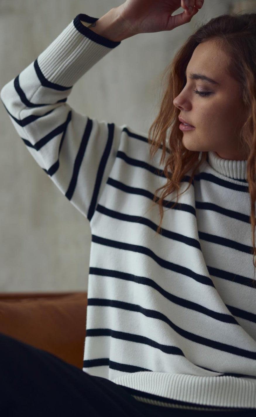 A-View Sweater - Bella - White With Black Stripes