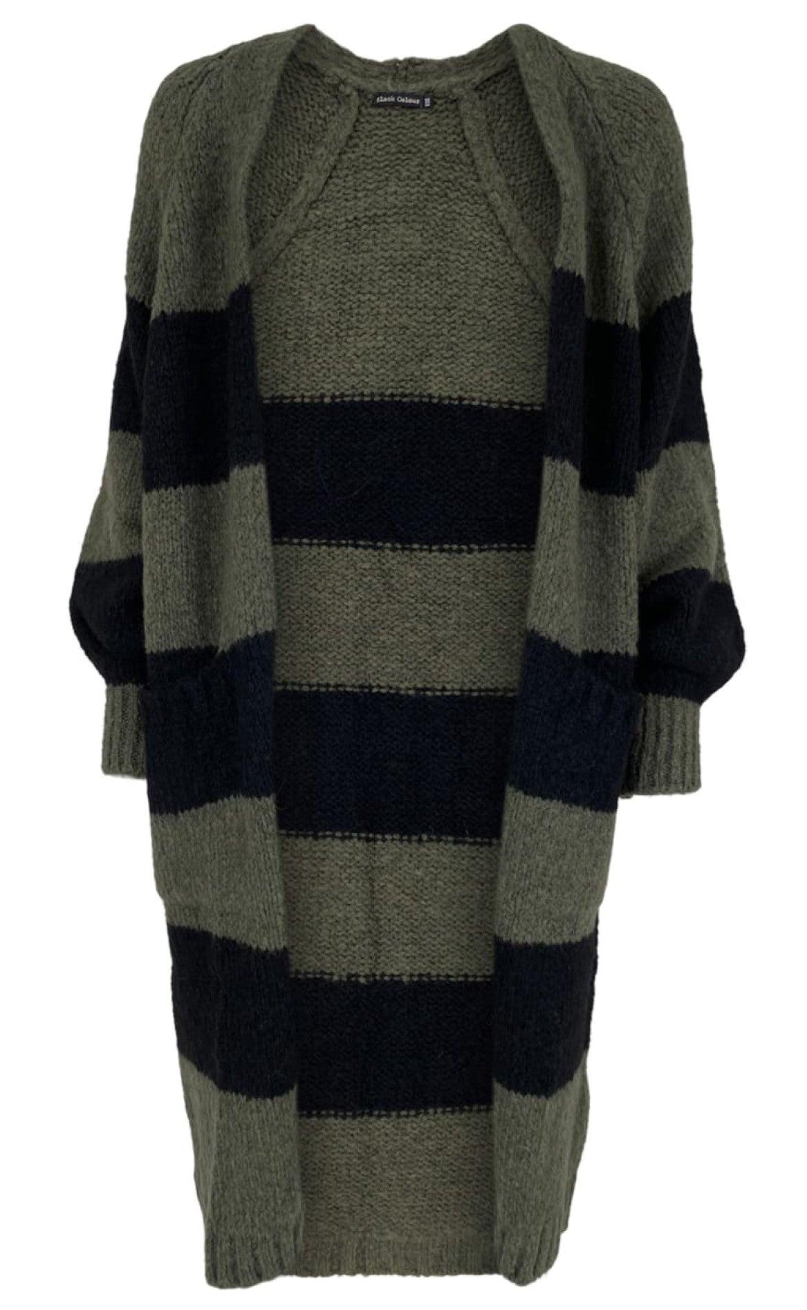 Black Colour Cardigan - Fabiola Long Knit - Army/Black