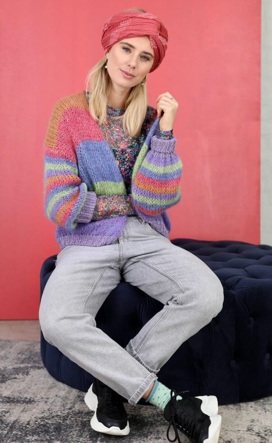 Black Colour Cardigan - Fallon - Multi Striped