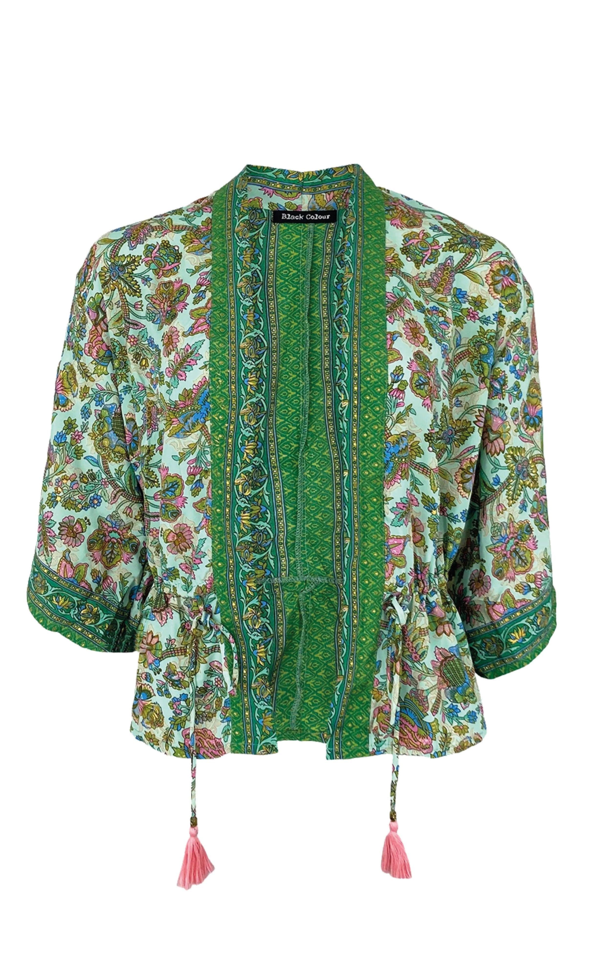 Black Colour Kimono - Luna Bolero - Green Calypso