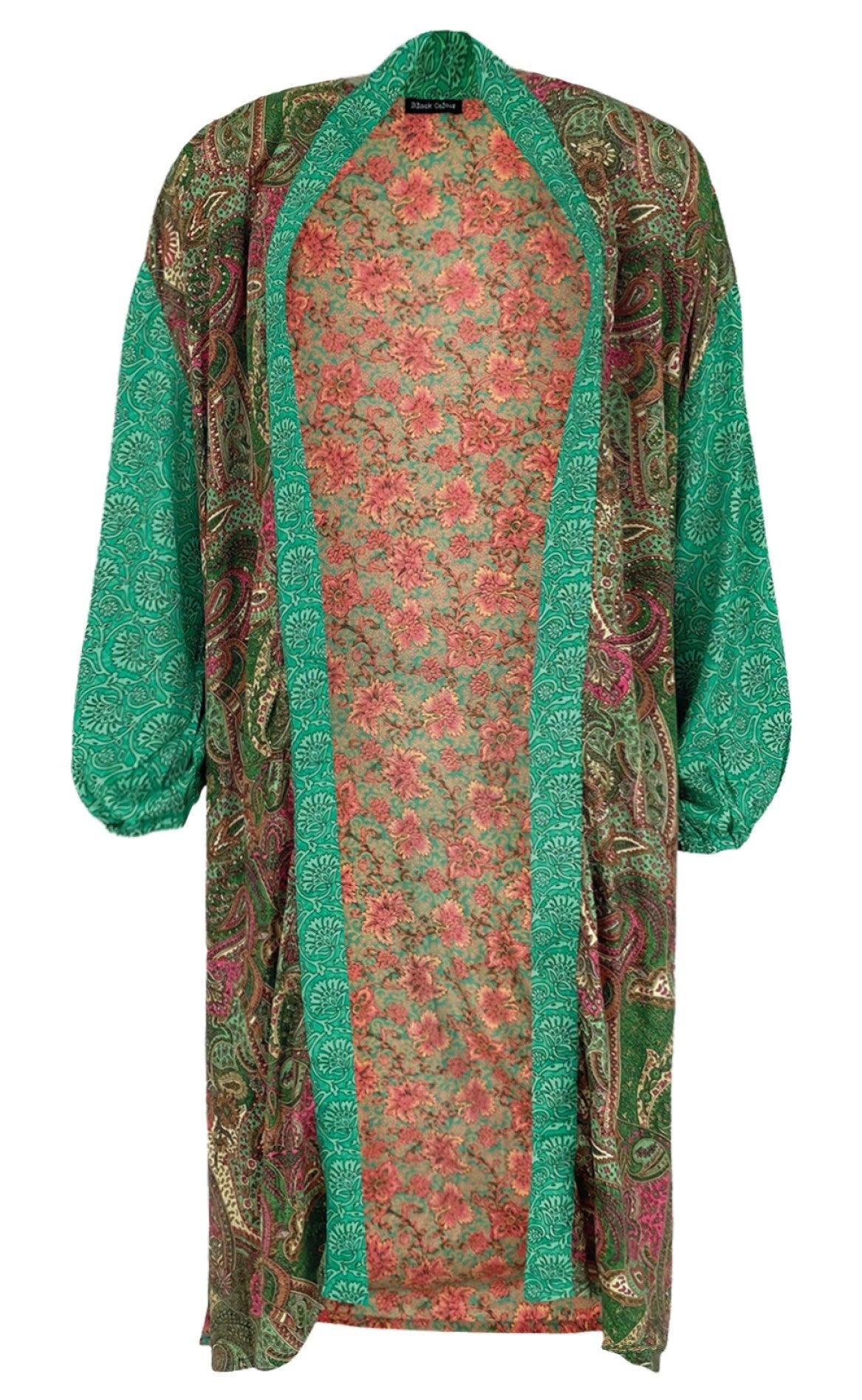 Black Colour Kimono - Luna Long - Green Mix