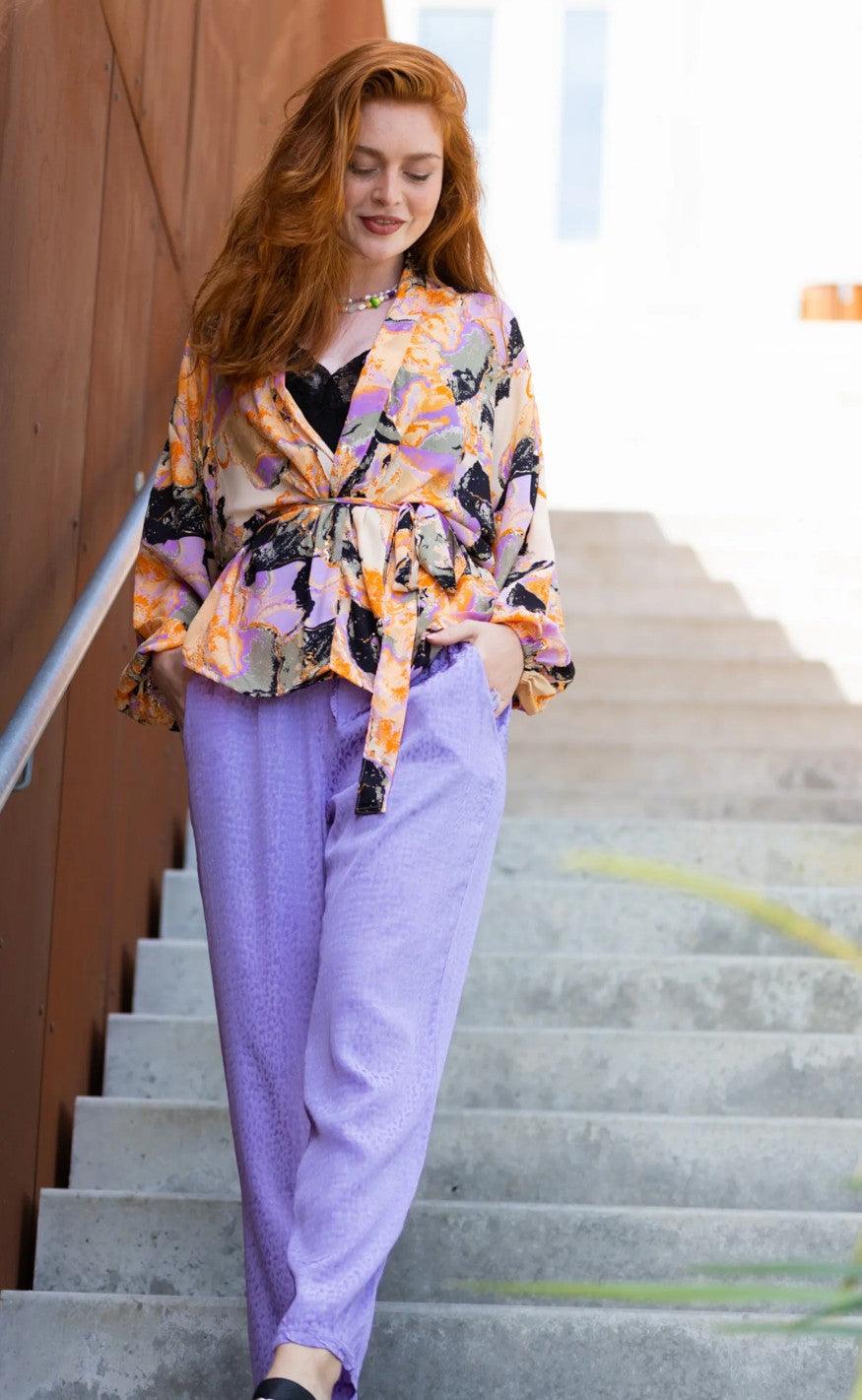 Black Colour Kimono - Luna - Orange Marble