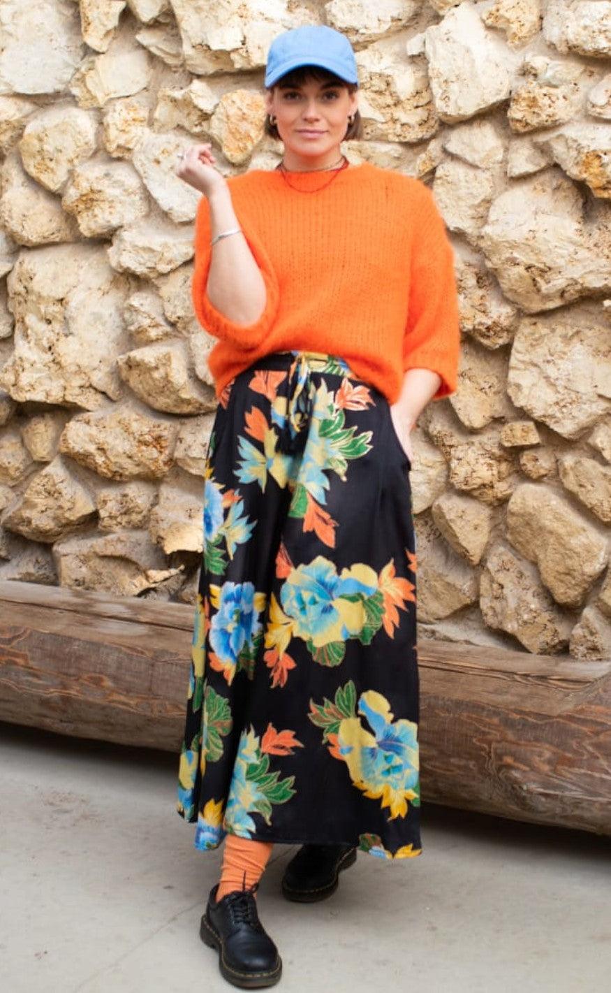 Black Colour Nederdel - Luna With Pockets - Floral Black
