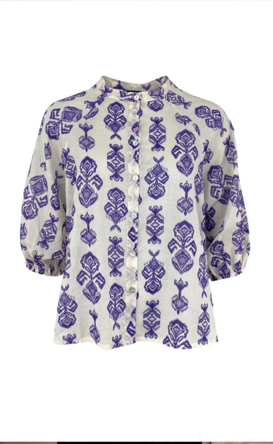 Black Colour Shirt - Ikat - Off White/Purple