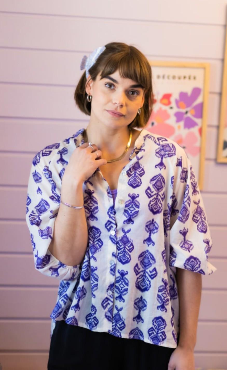Black Colour Shirt - Ikat - Off White/Purple