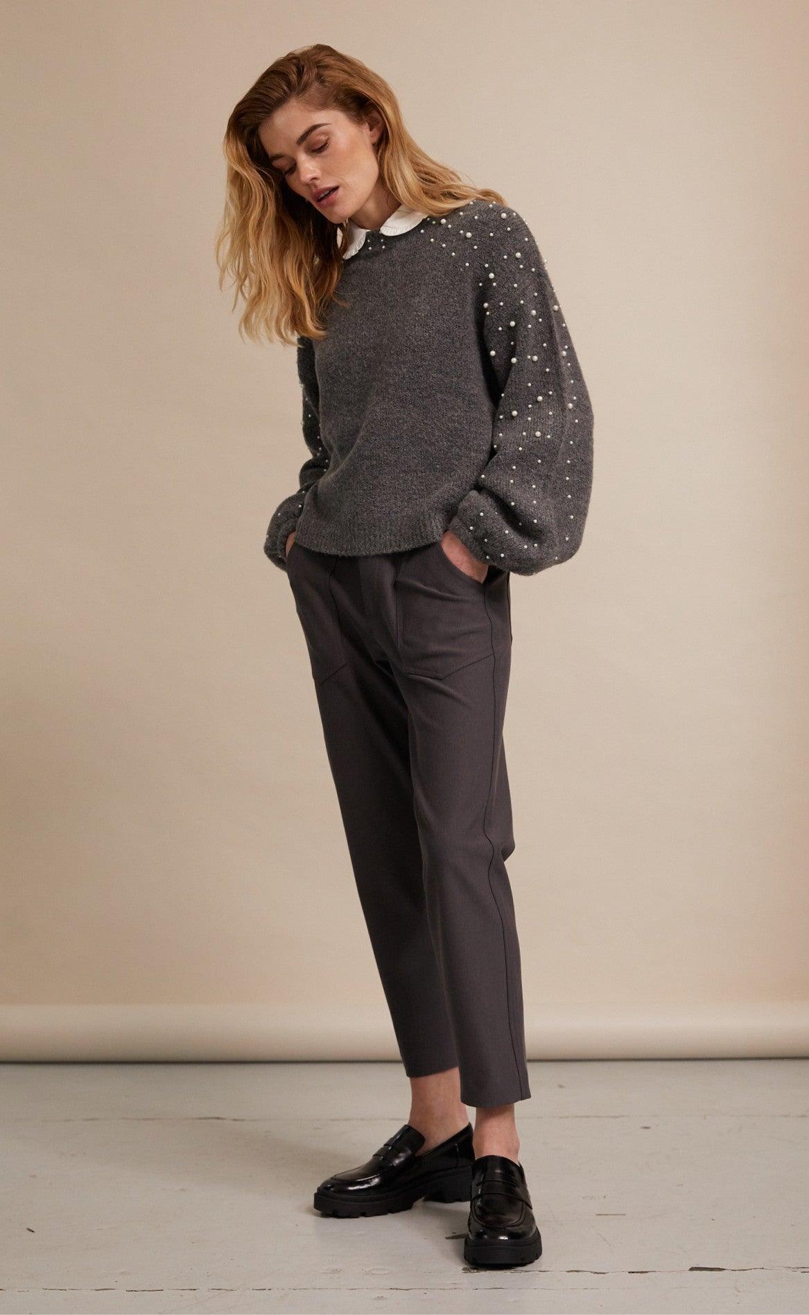 Freequent Pullover - Pearl - Dark Grey Melange