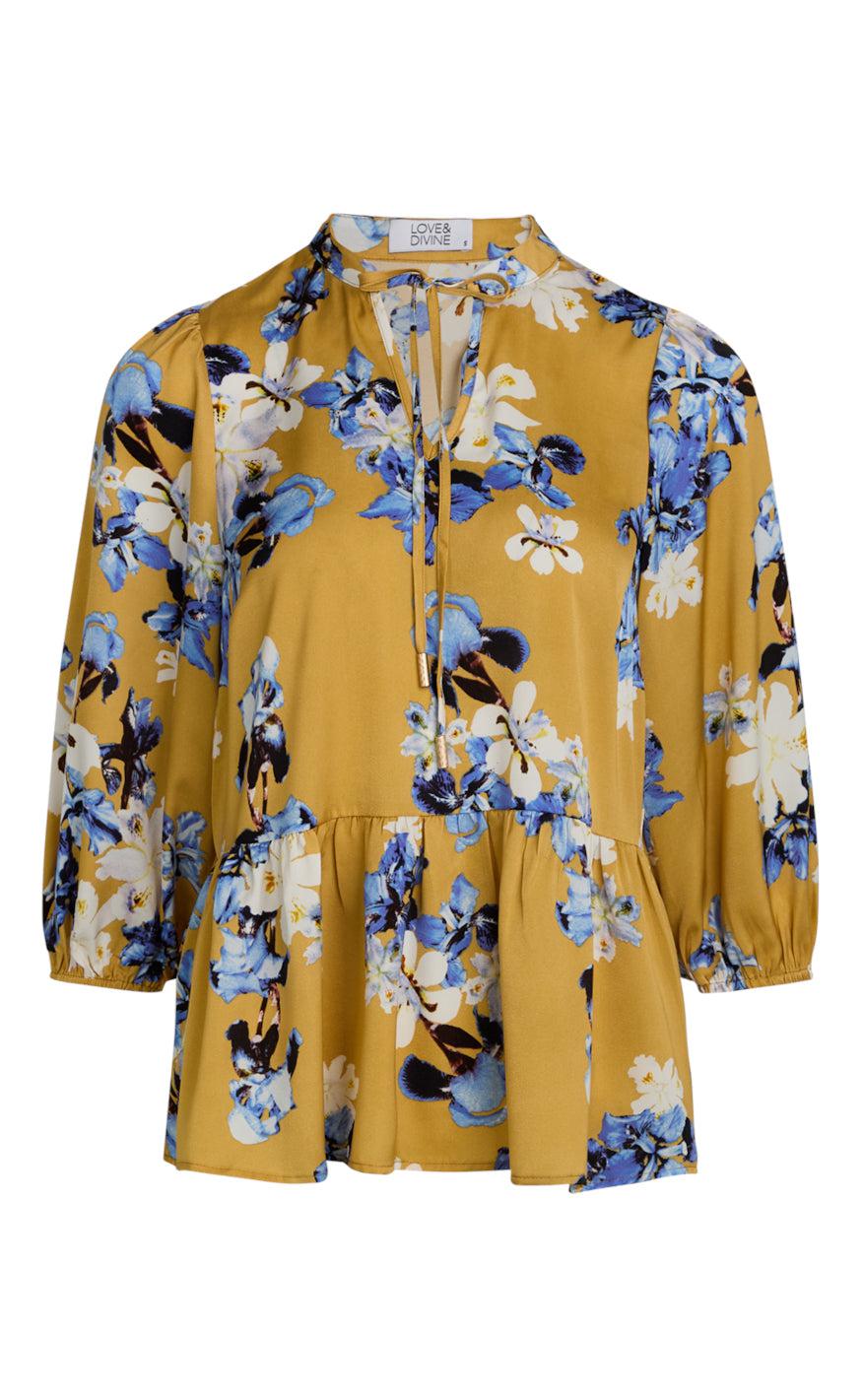 Love & Divine Bluse - Love916-1 - Golden/Blue Flower