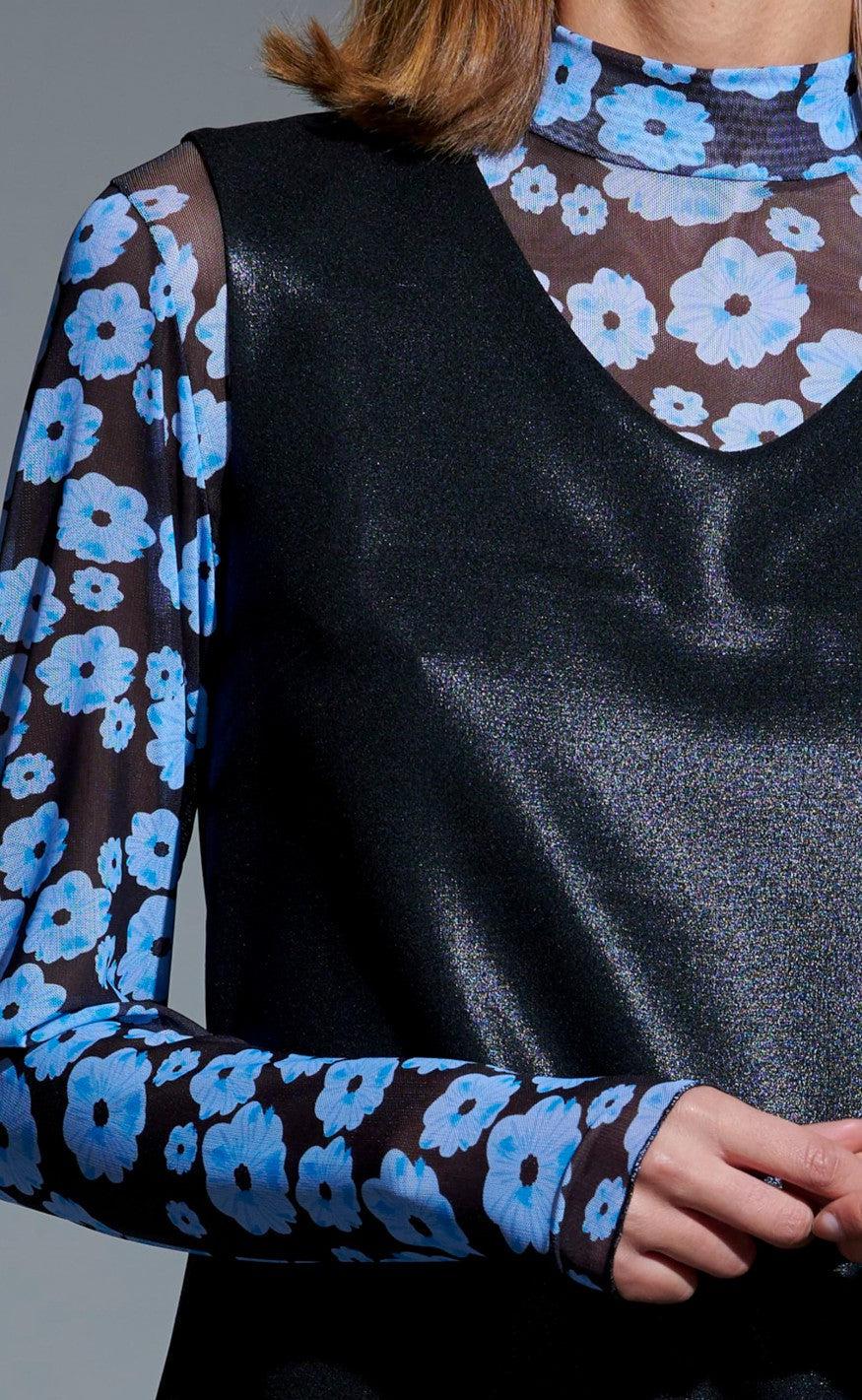 Noella Bluse - Eya Mesh - Black/Blue Flower