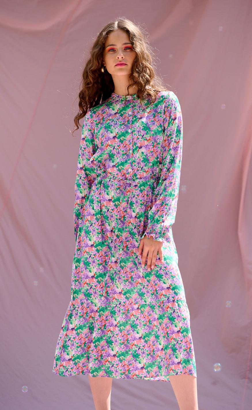 Noella Kjole - Miu - Lilac/Green Blurry Flower