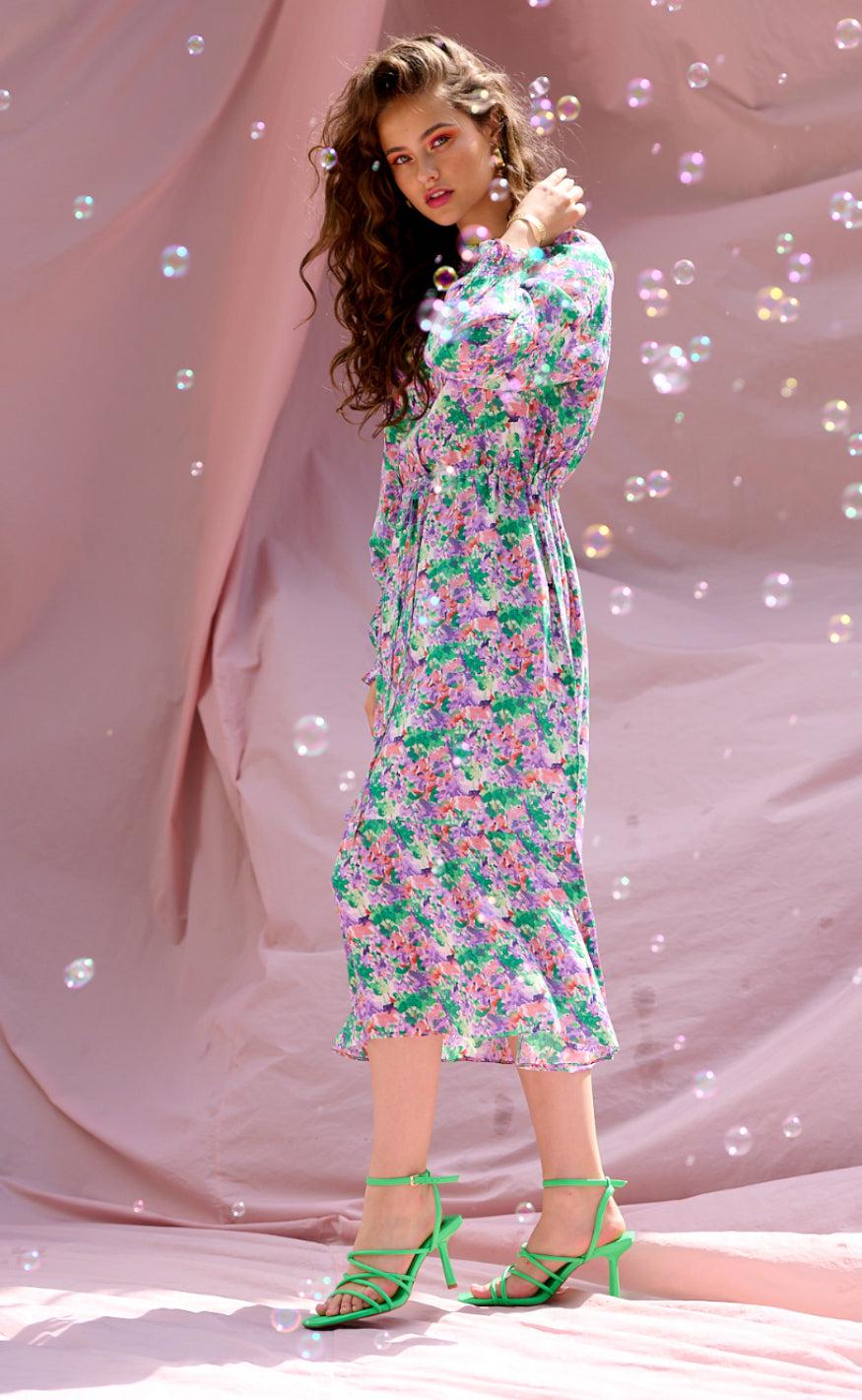 Noella Kjole - Miu - Lilac/Green Blurry Flower