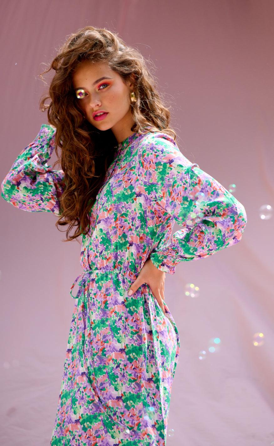 Noella Kjole - Miu - Lilac/Green Blurry Flower